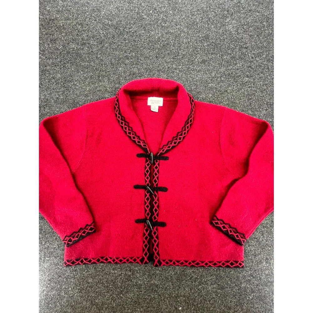 Vintage Christopher & Banks Cardigan Sweater Women L Red Black Wool Toggle Front